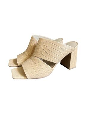 Vince Nelda Heels Cutout Sandals Beige Croc Effect Leather Mules Womens 9.5